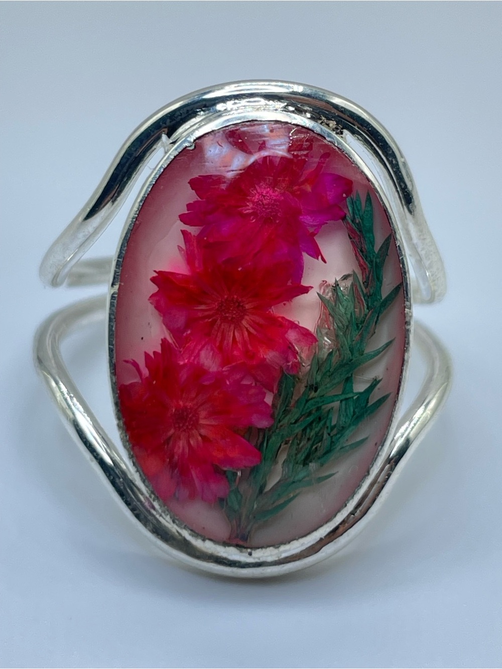 Silver Tone Pink Red Real Flower Resin Statement Ring Botanical Boho Floral